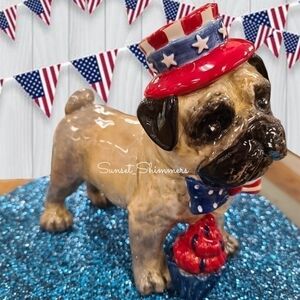 Patriotic Blue Sky PUG DOG July 4th Red White Blue Stars w Bow Tie & Cupcake New